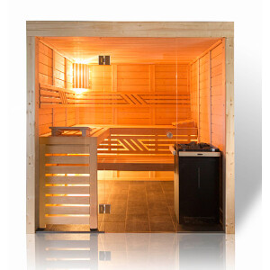 Wood sauna with glass front, solid spruce