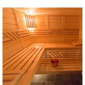 Wood sauna with glass front, solid spruce