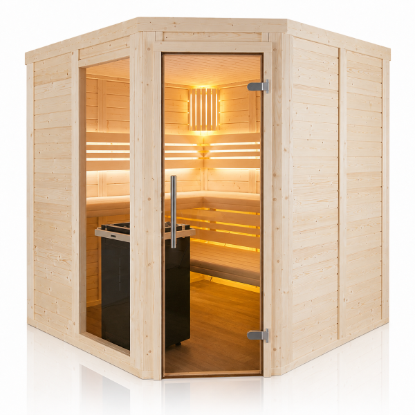 Holzsauna Fichte Massiv mit Eckeinstieg und Fenster