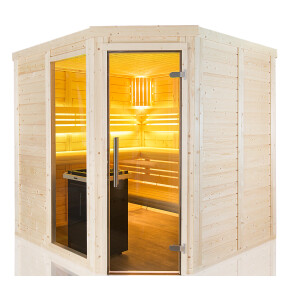 Holzsauna Fichte Massiv mit Eckeinstieg und Fenster
