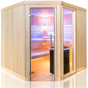 Alder Wood Sauna with Corner Entry and Large Window