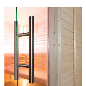Holzsauna Glasfront mit Eckeinstieg aus Espe – Swissmade
