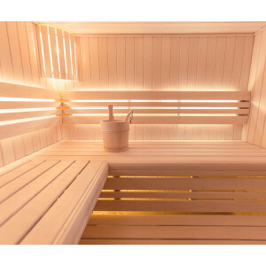 Wooden sauna with glass front, aspen wood, and corner entry