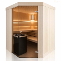 Holzsauna Glasfront mit Eckeinstieg aus Espe – Swissmade