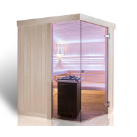 Holzsauna Glasfront mit Eckeinstieg aus Espe – Swissmade