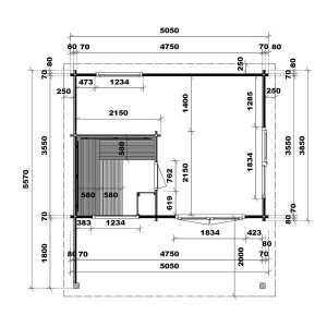 Saunahaus Bella 1 mit Pultdach 4890x3690x2820mm und Vordach 2000mm