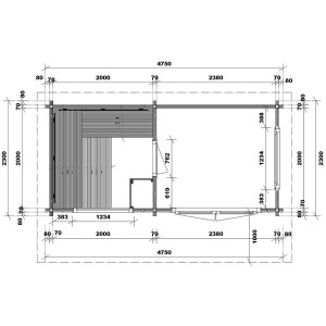 Saunahaus Bella 3 mit Pultdach 4590x2140x2480mm und Vordach 1000mm