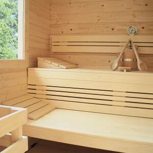 Saunahaus Bella 3 mit Pultdach 4590x2140x2480mm und Vordach 1000mm