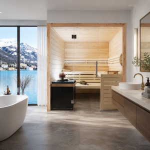 Holzsauna Zirbe mit Glasfront – Swissmade