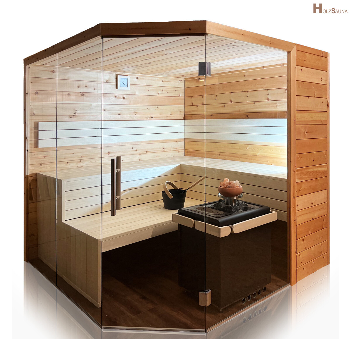 Zirbe Massivholz Sauna Swissmade mit Eckeinstieg und Glasfront