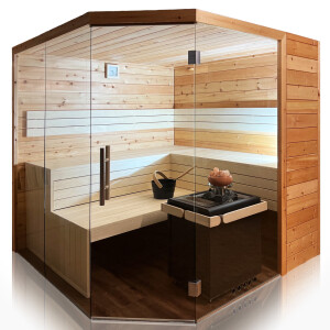 Holzsauna Zirbe mit Eckeinstieg und Glasfront – Swissmade