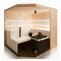 Holzsauna Zirbe mit Eckeinstieg und Glasfront – Swissmade