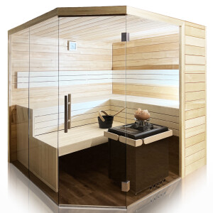 Solid spruce wooden sauna, Swiss-made, with corner entry...