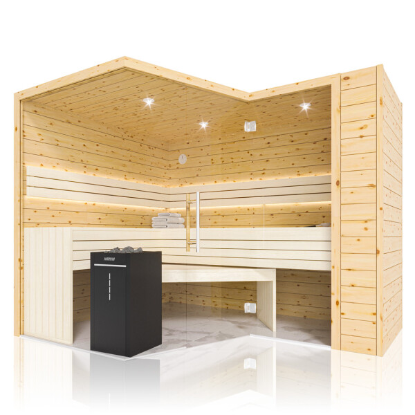 Holzsauna Zirbe Massiv Swissmade 6-Eck und Glasfront