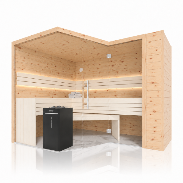 Holzsauna Zirbe Massiv Swissmade 6-Eck und Glasfront