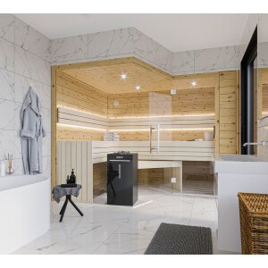 Six-Sided Solid Stone Pine Sauna with Glass Front – Swiss Made
