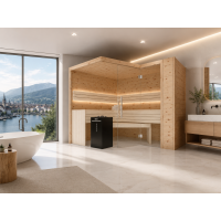 Holzsauna Zirbe Massiv Swissmade 6-Eck und Glasfront