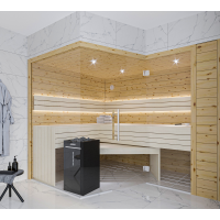 Six-Sided Solid Stone Pine Sauna with Glass Front – Swiss Made