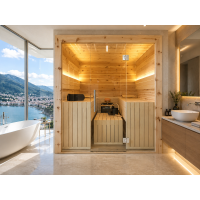 Holzsauna Zirbe Massiv-Paneele Swissmade mit Glasfront