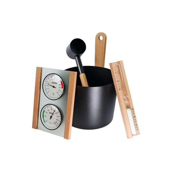 Saunaset Nova 4-teilig mit Sanduhr, Klimamessstation, 5L Aufgusseimer schwarz, Schöpfkelle