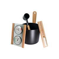 Saunaset Nova 4-teilig mit Sanduhr, Klimamessstation, 5L Aufgusseimer schwarz, Schöpfkelle