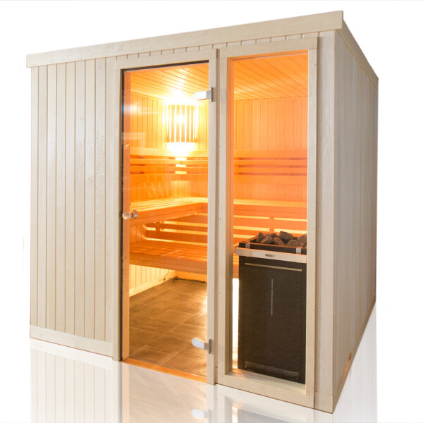 Holzsauna Espe mit Fronteinstieg und grossem Fenster Ausstellungsmodell