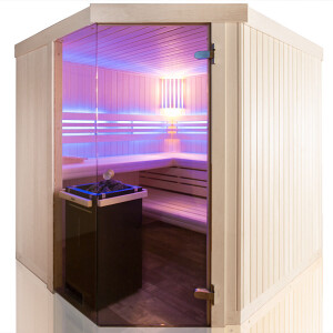 Holzsauna Glasfront Espe mit Eckeinstieg Ausstellungsmodell