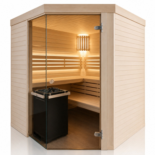 Holzsauna Glasfront Espe mit Eckeinstieg Swissmade waagrecht