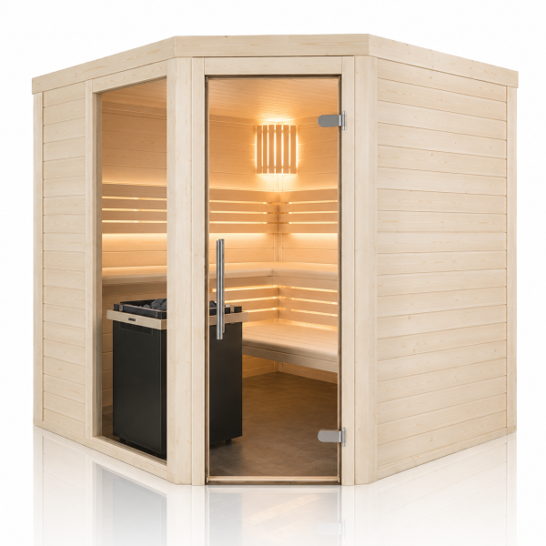 Holzsauna Eckeinstieg und Fenster Fichte Massiv Swissmade