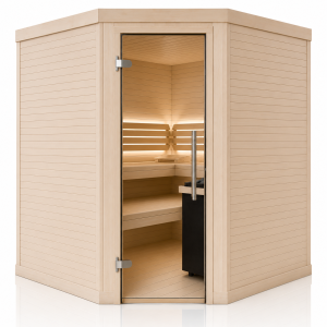 Holzsauna Espe mit Eckeinstieg waagrecht
