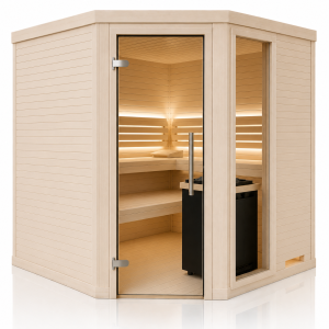 Holzsauna Espe mit Eckeinstieg waagrecht mit Fenster