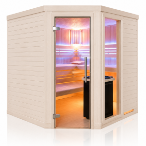Holzsauna Espe mit Eckeinstieg waagrecht mit Fenster