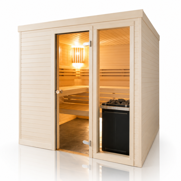 Holzsauna Espe waagrecht  mit Fronteinstieg und grossem Fenster
