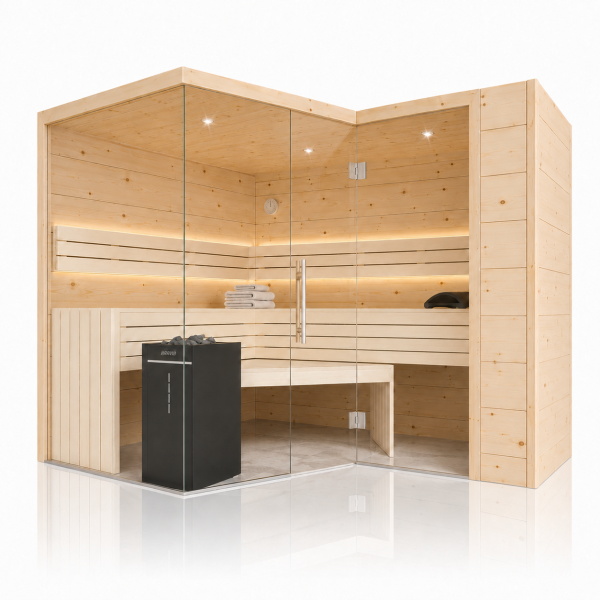 Solid Stone Pine Wood Sauna Swissmade 6-Sided with Glass Front