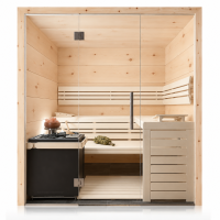 Solid Stone Pine Panel Sauna with Glass Front – Swiss Made