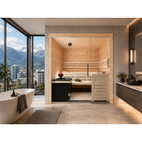 Solid Stone Pine Panel Sauna with Glass Front – Swiss Made