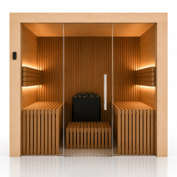 Designer-Sauna mit Stabdesign und Glasfront