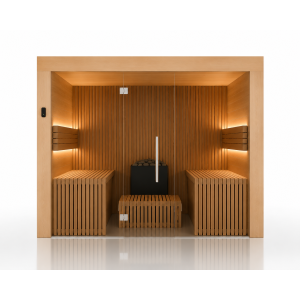 Designer-Sauna mit Stabdesign und Glasfront