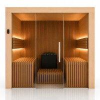 Designer-Sauna mit Stabdesign und Glasfront