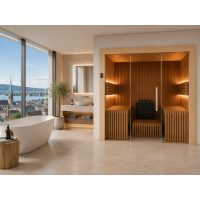 Designer-Sauna mit Stabdesign und Glasfront