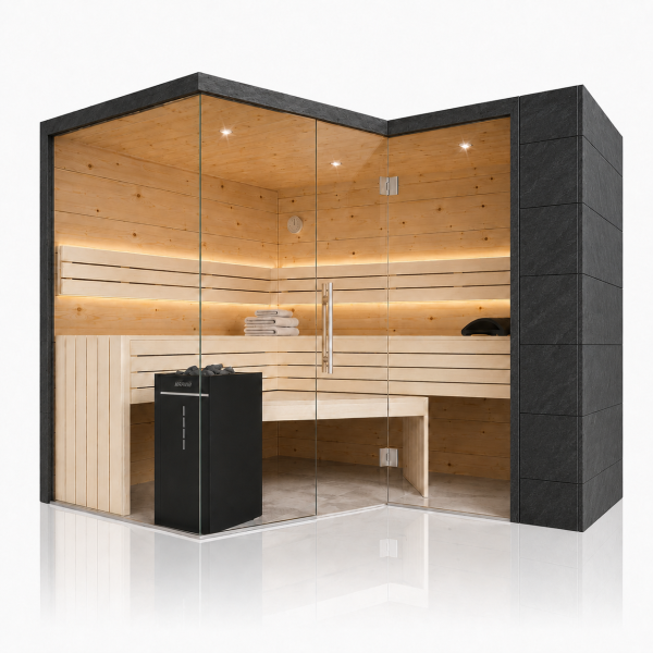 Designsauna Zirbe Massivholz 6-Eck mit Glasfront und Schiefer – Swissmade
