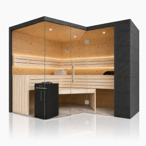 Designsauna Zirbe Massivholz 6-Eck mit Glasfront und...