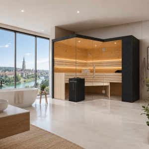 Designsauna Zirbe Massivholz 6-Eck mit Glasfront und...