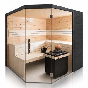 Holzsauna Zirbe Massiv-Paneele und Schiefer aussen...