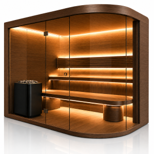 Desinger-Sauna Rund aus Nussbaum