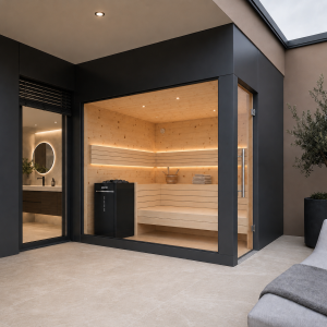 Swissmade Aussensauna aus Zirbe mit HPL in Anthrazit