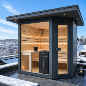 Swissmade Eck-Aussensauna aus Zirbe  mit HPL in grau