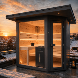 Swissmade Eck-Aussensauna aus Zirbe  mit HPL in grau