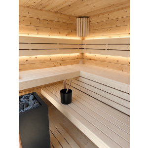 Swissmade Eck-Aussensauna aus Zirbe  mit HPL in grau