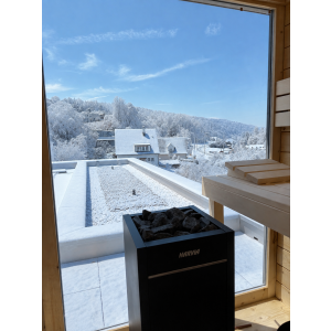 Swissmade Eck-Aussensauna aus Zirbe  mit HPL in grau